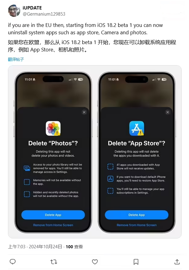 河源苹果手机维修分享iOS 18.2 支持删除 App Store 应用商店 